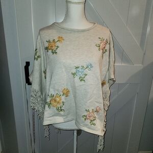 Anthropologie TP OSFM Fringe Floral Embroidered Womens Poncho Top